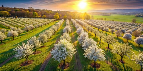 Aerial View of Lush Orchard with Apple and Pear Trees in Full Bloom