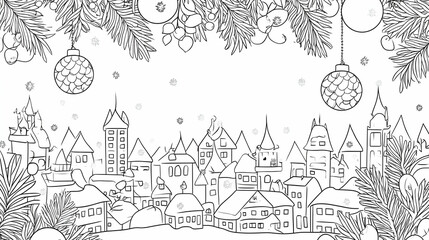 Obraz premium Festive winter cityscape; snow, ornaments, branches; holiday coloring page; design