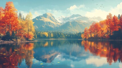 Fototapeta premium Serene autumn lake reflects vibrant fall foliage and majestic mountains under a soft sunlight. AI Generated