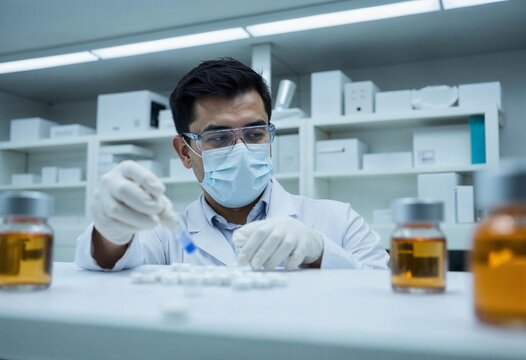 Researcher in Laboratory Analyzing Medication With Precision During a Focused Experiment