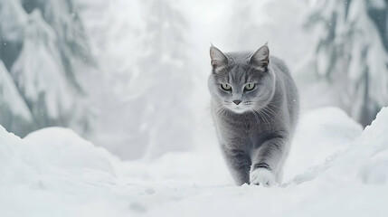 Fototapeta premium Grey cat walking in snowy forest, winter wonderland backdrop, perfect for pet, nature, or winter themed projects
