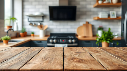Wood table top on blurred kitchen background. can be used mock up for montage products display or design layout. Generative AI