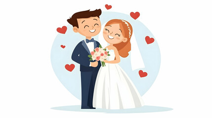 Happy wedding couple embracing, surrounded by hearts, celebrating their marriage. Perfect for wedding invitations or announcements