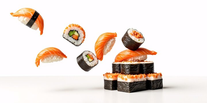 Delicious salmon sushi rolls in mid-air, a vibrant culinary masterpiece.  Enjoy the visual feast!