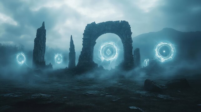 A hauntingly beautiful dark fantasy wallpaper of an ancient ruin surrounded by swirling fog, glowing runes, and ghostly apparitions