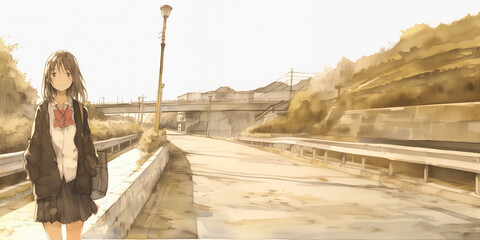 下校中の少女。水彩画。イラスト。バナー素材。挿絵。