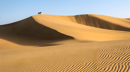 Lone animal atop desert dune under clear sky, background of endless sand ripples; travel, nature photography