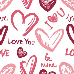 Seamless pattern with hand drawn hearts with lettering for the Valentine's day as a symbol of love. Brush stroke textured art. Vector sketch illustration in vintage charcoal ink style