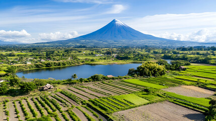 Majestic Volcano Overlooking Lush Farmland and Lake. Aerial view of idyllic landscape; perfect for travel brochures