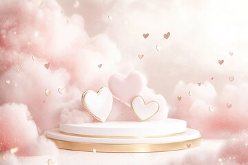 Two hearts rest on a tiered platform amidst pink clouds