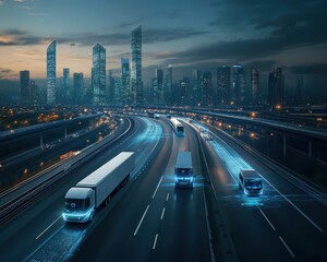 Naklejka premium Drone shot of a city highway at dusk, futuristic autonomous trucks cruising under an illuminated skyline