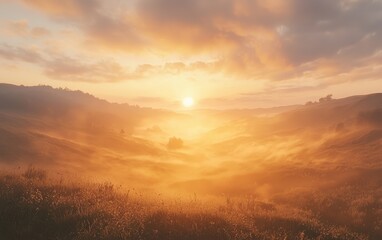 Fototapeta premium A beautiful golden sunrise with mist rolling over a quiet valley, highlighting the soft clouds above