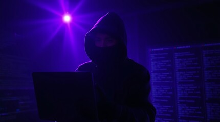 A hacker with Laptop. Cybersecurity Threats and Data Breach Concepts with Binary Code in Background, Hacking the Internet. Cyber attack.Data breach, security threats, cybersecurity, cybercrime