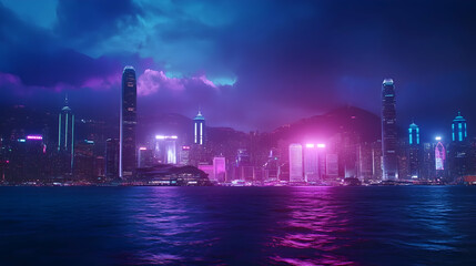 Fototapeta premium Neon-lit Hong Kong skyline at night, reflecting on calm waters. Ideal for futuristic cityscapes, travel brochures