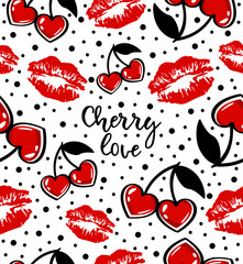 Cherry kissing pattern on white background.