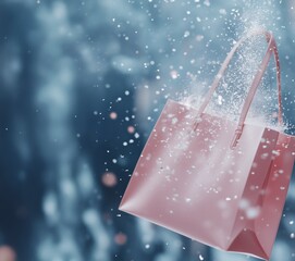 Generated imageElegant pink shopping bag floating amidst soft snowfall, set against a dreamy blue background. Perfect for winter sales, holiday campaigns, and seasonal marketing visuals.