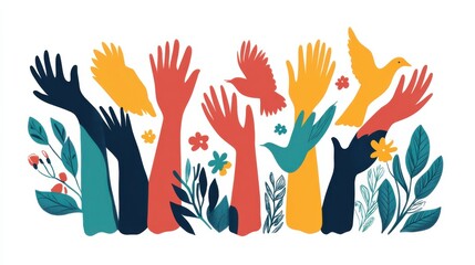 Colorful illustration of diverse hands reaching up with birds and flowers, symbolizing unity and hope