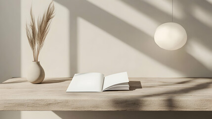 Open book mockup on wooden shelf, sunlit room, pampas grass, sphere lamp, minimalist interior design, website or blog template
