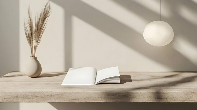 Open book mockup on wooden shelf, sunlit room, pampas grass, sphere lamp, minimalist interior design, website or blog template