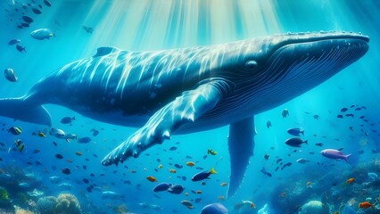 Naklejka premium exiting large big whale in the ocean eats ornamental fish
