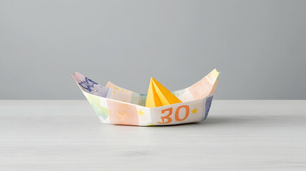 Paper boat made from thirty euro banknote on wooden table, neutral background, symbolizes financial journey or investment