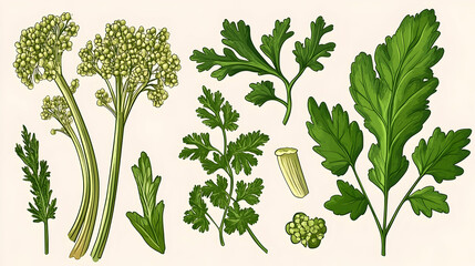 Fototapeta premium Parsley and Celery Plant Parts Illustration Culinary Herbs, Cooking Background