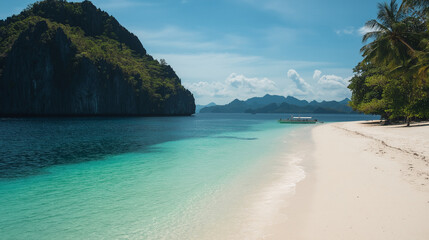 Fototapeta premium Sand Beach with Azure Ocean and Sunny Sky for Relaxing Tropical Vacation