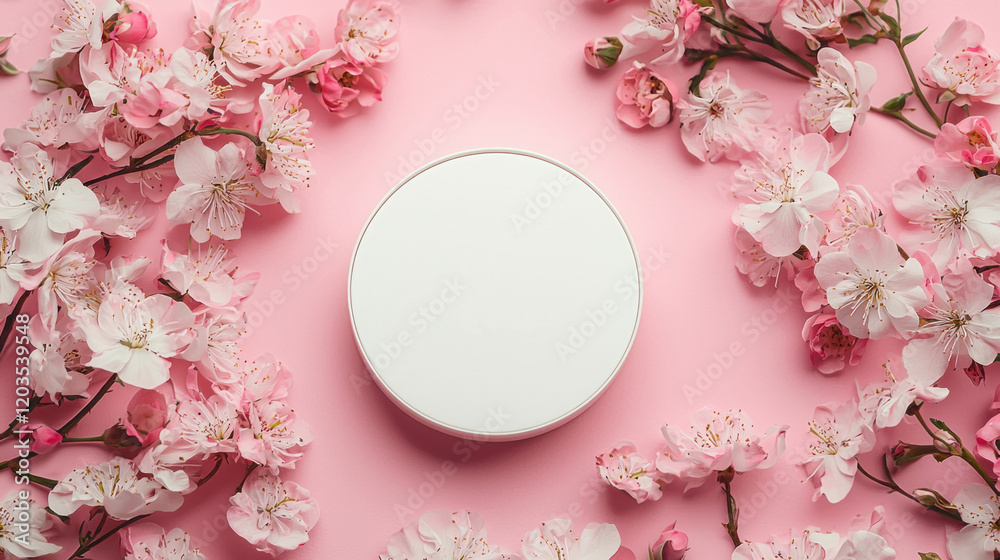 Poster a pristine white circle rests in the center, framed by soft pink flowers. this tranquil setup evokes