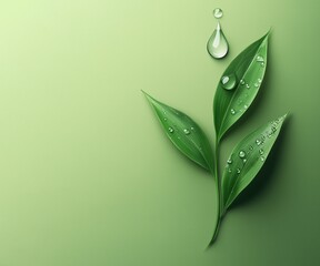 Fresh green leaves with delicate water droplets on a soft green background. A natural and refreshing design perfect for eco-themed projects and advertisements.