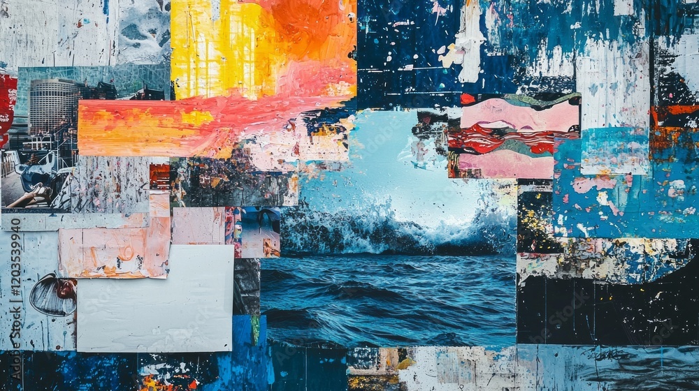 Poster A dynamic collection of vivid textures and images intertwines to depict ocean waves crashing, surrounded by vibrant colors and layered artistic expressions, evoking a sense of movement and depth