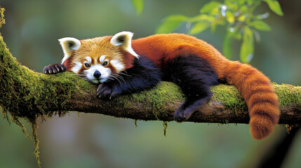Red panda resting on mossy branch in lush forest; wildlife, nature conservation
