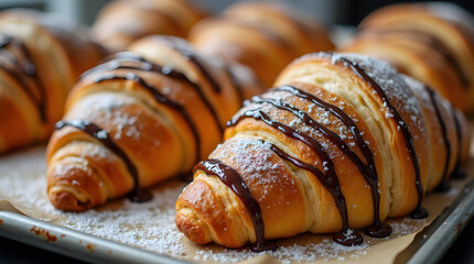 The photo shows freshly baked croissants drizzled with chocolate and sprinkled with powdered sugar on a baking sheet. The croissants have a golden brown, crispy crust, creating a delicious and attract