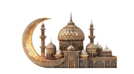 Ramadan artwork of an ornate crescent moon glowing behind a mosque, holy festival, Islamic month, isolated on white, PNG file