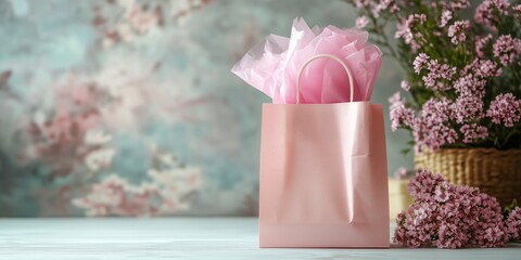 Generated imageSoft pink gift bag with delicate floral accents on a dreamy, vintage-inspired background. Ideal for feminine, romantic, or celebration-themed designs.