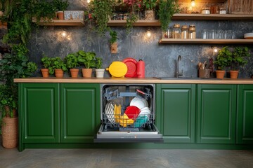 Open dishwasher full of clean colorful dishes in a modern, stylish green kitchen with plants and wooden shelves, showcasing a contemporary and eco conscious design