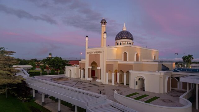 Time lapse of a beautiful sunrise at the Airport mosque in Brunei International Airport