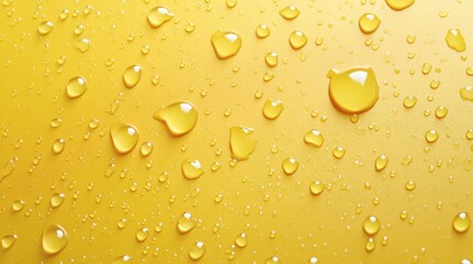 Fresh water drops glistening a bright yellow background creating a realistic texture of droplets and dew on a vibrant surface forming a unique abstract wallpaper with liquid bubbles