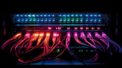 Fototapeta premium 12. A high-tech server rack in a dark environment, with lights flashing to show web hosting performance at its peak