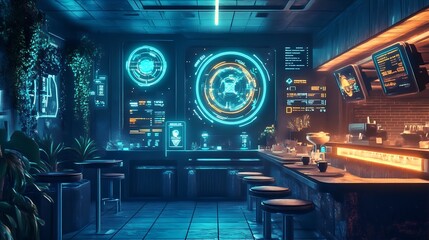 Neon Cyberpunk Bar Digital Art Futuristic Interior Design