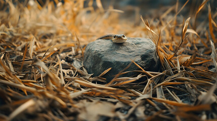 Obraz premium Snake resting on rock, dry grass, nature, wildlife photography, perfect for nature documentaries