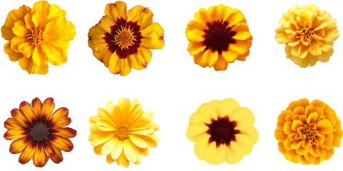 Set of yellow marigold flowers head isolated on white background PNG.AI GENERATED