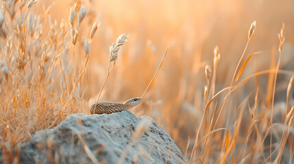 Obraz premium Snake on rock, sunset grassland, wildlife, nature background, perfect for nature documentaries