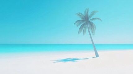 Serene Tropical Beach Scene, Palm Tree on White Sand and Turquoise Ocean