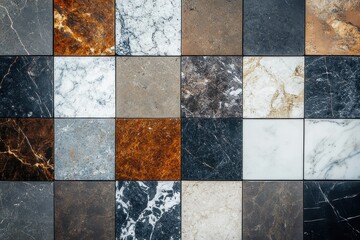 Elegant showcase of diverse stone tiles in various colors and textures arranged in a geometric layout. Generative AI