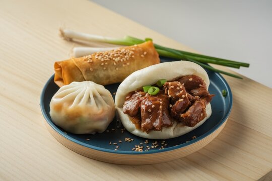 Delicious Asian Cuisine Featuring Steamed Buns And Spring Rolls - Powered by Adobe