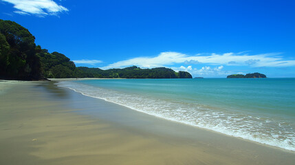 Obraz premium Sand Beach with Azure Ocean and Sunny Sky for Relaxing Tropical Vacation
