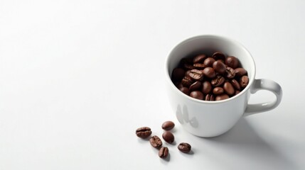 Obraz premium A Simple White Cup Overflowing with Aromatic Roasted Coffee Beans, Ready for Brewing a Delicious Beverage