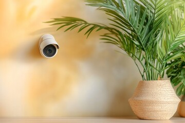 Security camera mounted on white wall near decorative palm in wicker basket, highlighting home protection with minimalist design aesthetic