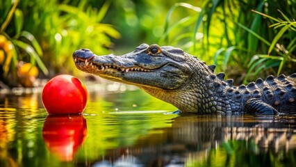 Obraz premium Alligator Playing with Ball in Lush Swamp, Wildlife Nature Stock Photo