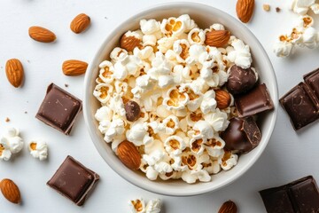 Delicious Bowl of Popcorn Surrounded by Mixed Nuts and Chocolate Treats on a White Background, Perfect for Snack Lovers and Food Enthusiasts